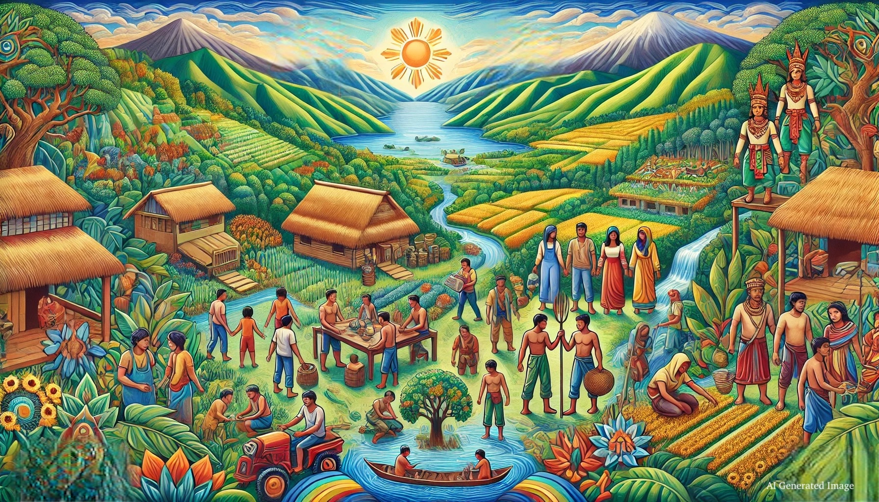 An artistic depiction of a harmonious and inclusive community in Mindanao, Philippines, showcasing adults and childred engaging in activities like farming, fishing, and communal gatherings. The scene highlights traditional houses, cultural attire of Indigenous Peoples (Lumad) and Bangsamoro, and a lush environment with mountains, seas, and fertile lands. The image emphasizes unity, sustainability, dignity, and the protection of nature, radiating vibrant and warm colors.