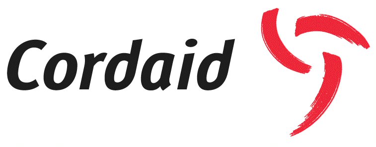 Cordaid logo featuring the word ‘Cordaid’ in bold, italicized black font, accompanied by a red abstract brushstroke design on the right.