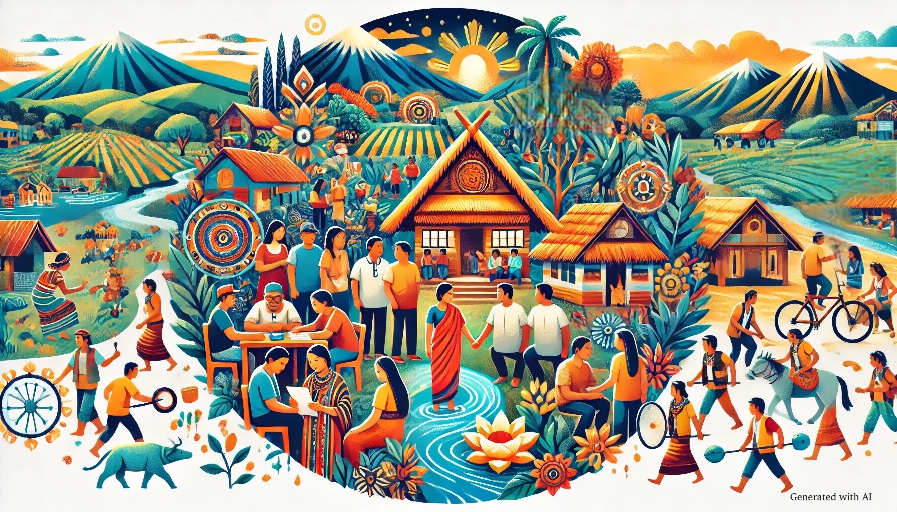 A vibrant and symbolic illustration of empowered communities in Mindanao, Philippines, featuring people from diverse cultural backgrounds, including Indigenous Peoples (Lumad) and Bangsamoro, working together in harmony. The scene highlights traditional houses, cultural attire, and collaborative activities symbolizing dignity, justice, and peace. The natural surroundings include mountains, forests, and rivers, emphasizing care for the environment and all of creation. The image conveys themes of cultural diversity, social transformation, and sustainable development with bright, inspiring colors.
