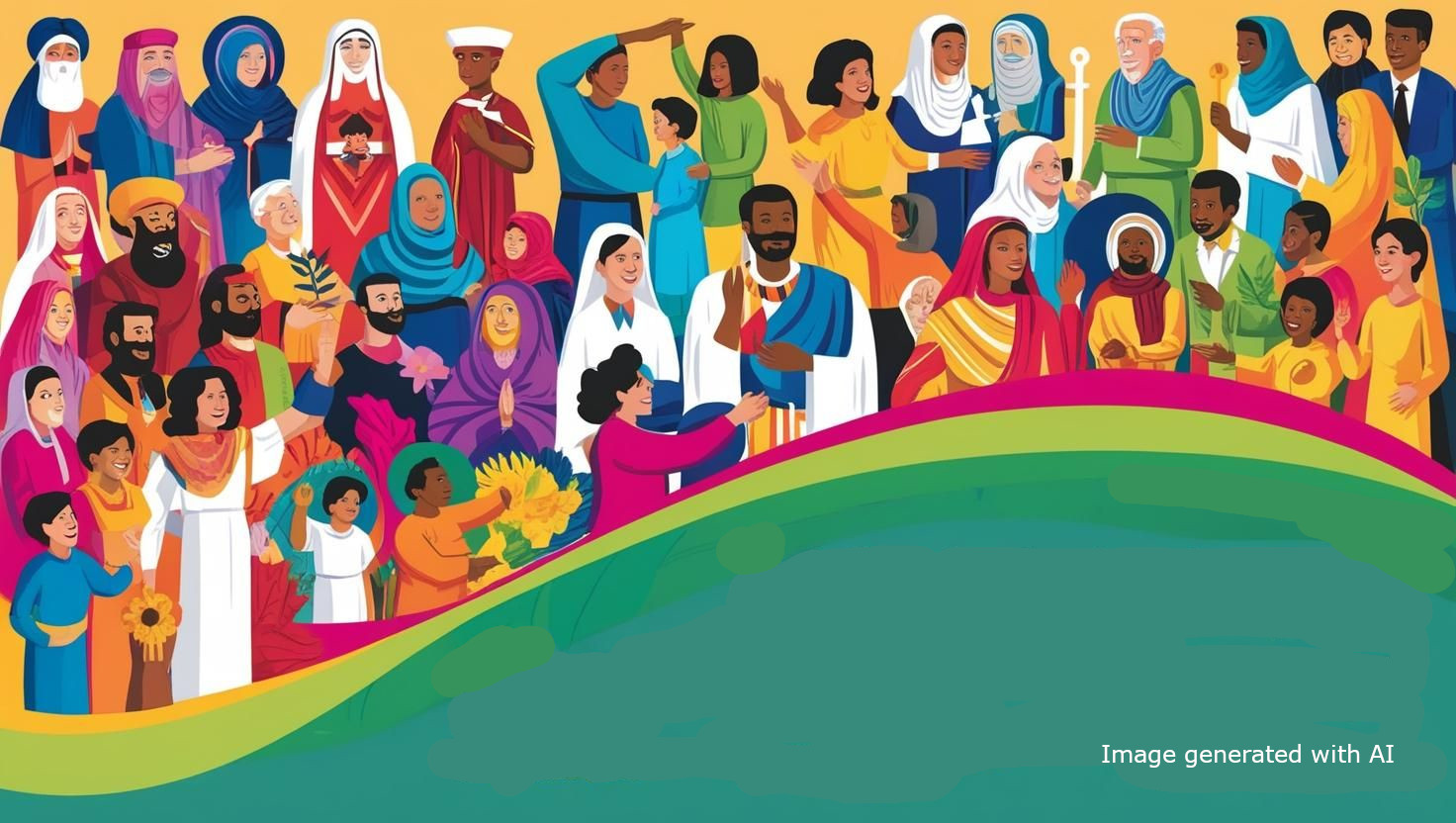 An inclusive and colorful illustration depicting people from diverse cultural, ethnic, and religious backgrounds standing together in harmony. The image features adults and children of various ages, dressed in traditional and modern attire, interacting joyfully and peacefully. The background includes a vibrant yellow hue, symbolizing hope and unity, and a green-and-pink wave design at the bottom, adding dynamic movement and energy to the composition. The graphic emphasizes themes of diversity, community, and collaboration.