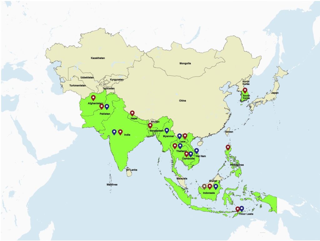 Map of Central, South, and Southeast Asia with locations of MAGI TRDS activities