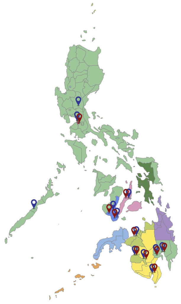 Map of the Philippines with red and blue pins indicating the Training Resource and Development Services Programs