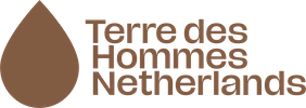 Logo of Terre des Hommes Netherlands featuring a brown teardrop shape on the left and the organization’s name in brown uppercase and lowercase letters.