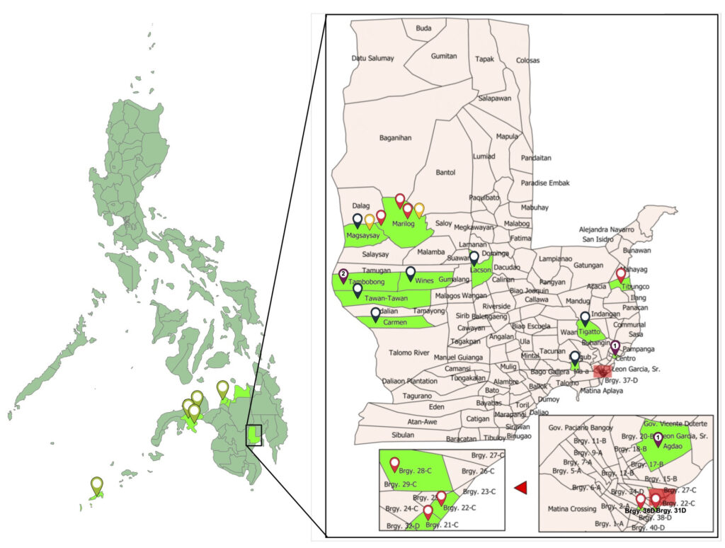 A map of the Philippines highlighting regions in Mindanao, with a zoomed-in focus on Davao City. The detailed section shows various barangays marked with colored pins indicating CRDS activities as described in the text. An inset map at the bottom right provides further detail on urban barangays within Davao City, showing additional color-coded markers.