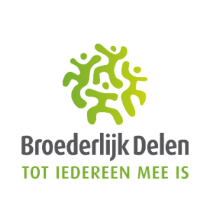 Logo of Broederlijk Delen, a Belgian development organization. The logo features a circular design made of stylized green human figures interconnected, symbolizing solidarity and cooperation. Below the symbol, the organization’s name ‘Broederlijk Delen’ is written in bold gray letters, followed by the Dutch slogan "TOT IEDEREEN MEE IS" in green, meaning "Until Everyone is Included."