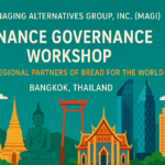 Promotional banner for a Finance Governance Workshop hosted by Managing Alternatives Group, Inc. (MAGI) in Bangkok, Thailand. The design features a teal gradient background with bold white and yellow text, and an illustrated skyline of Bangkok showcasing both modern buildings and traditional Thai temples. The banner is aimed at NGOs and regional partners from Asia and Southeast Asia.